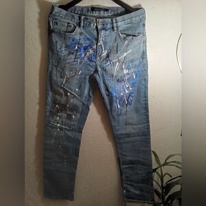 Banana Republic Mens Sz (33x34) Slim Str8 Distresed w/(Blu/Blk/Wht Paint Splat)